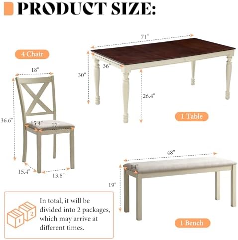 AMERLIFE 6 Piece Farmhouse Dining Table Set with 71" Solid Wood Table