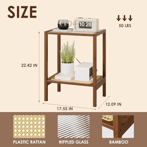Bamworld Rattan Side Table Boho End Table 2-Tier with Storage Living Room