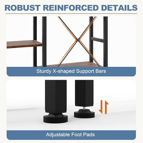 DUMOS Triple Column 4 Tier Bookshelf, Wide Industrial Bookcase, Brown