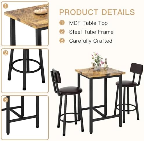 3 Piece Bar Table and Chairs Set for 2, Counter Height Square Pub Dining Set,...