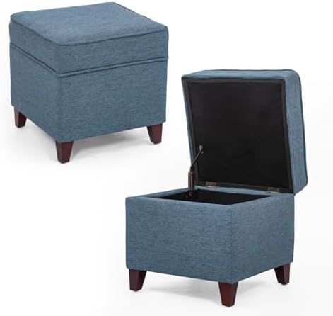 Adeco 17" Square Ottoman with Storage, Small Blue Storage Ottoman Foot R...
