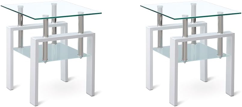2pcs Modern Glass End Table - Two Tiered Clear Nightstand, Square Tempered Gl...
