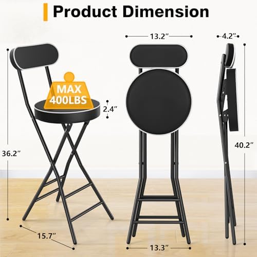 Folding Stool with Back Support, 24 Inch Portable Collapsible Bar Stool