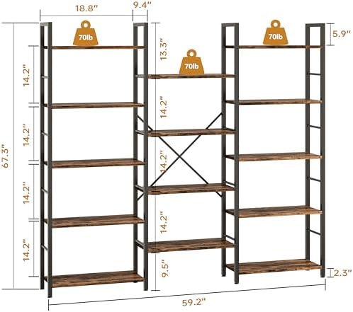 Shintenchi Triple 5 Tier Bookshelf, Laege Wide Bookcase, Display Shelf