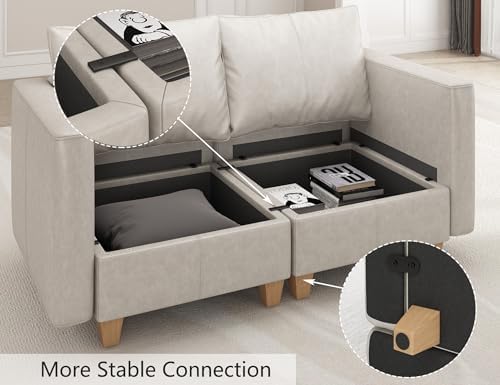 EASE MOOSE Leather Sectional L Shaped Sofa with Storage Ottomans, Whitesand |...