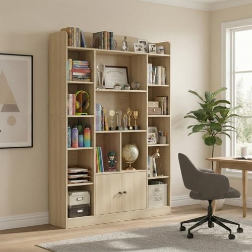 DIYART 63" Tall Oak Bookshelf with 14 Cubbies & 2 Cabinets, 5-Tier L...