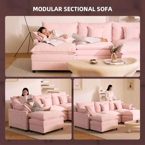 GOSUHI 108" U-Shaped Modular Cloud Couch, Deep Seat, Chenille Pink | Clo...