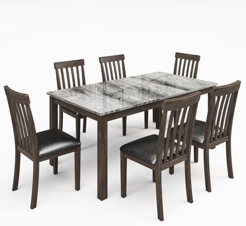 LUXOAK 7-Piece Wood Dining Table Set with Faux Marble Tabletop, Dark Brown