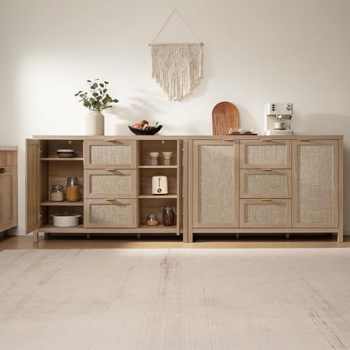 SICOTAS 52 Inch Rattan Sideboard Buffet Storage Cabinet with 3 Drawers