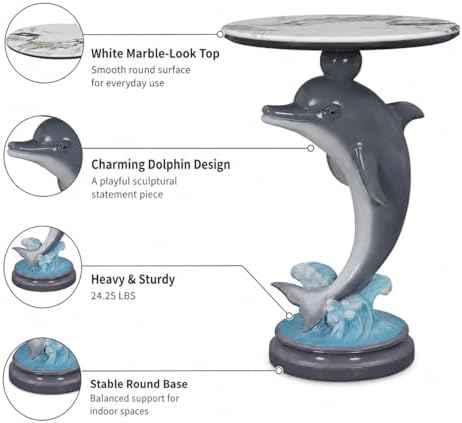 Dolphin Side Table, 25.98 in Animal End Table, Round Marble-Look Top, Hand-Pa...
