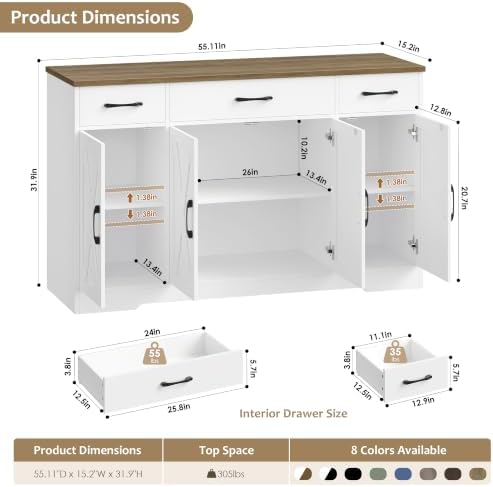 HOSTACK Kitchen Buffet Sideboard Storage Cabinet, Coffee Bar Cabinet, White
