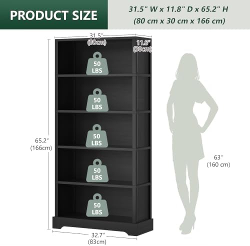 TVU 5 Tiers Wooden Bookshelf, 65.2" Tall Farmhouse Style Open Bookcase, ...