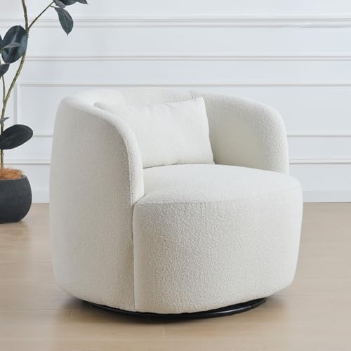 KINWELL 34" W Sherpa Swivel Barrel Accent Chair with Pillow, Cream