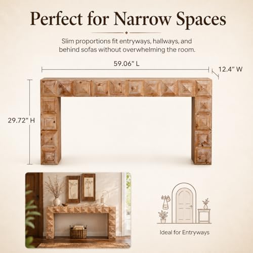 59.06" Rustic Console Table, Accent Entryway Table with 3D Carved Detail...