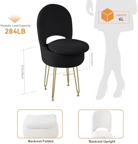 BRIAN & DANY Vanity Chair with Storage and Folding Back, Faux Fur Round S...