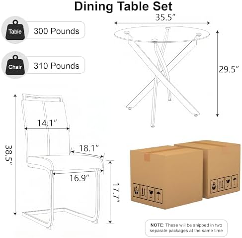 5 Piece Glass Dining Table Set for 4, Modern Tempered Glass Top Kitchen Table...