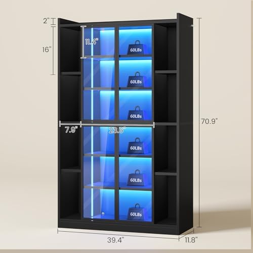 SEDETA 71" Tall 6-Tier Display Cabinet with Doors and Adjustable Shelves