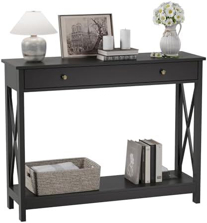 Treocho Black Console Table with Drawer and Storage Shelves, Foyer Sofa Table...