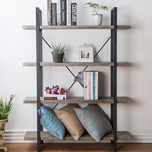 HSH 4-Shelf Bookshelf, Industrial Bookcase for Home Office, Light Grey Oak