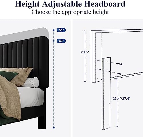 Allewie King Platform Bed Frame, Velvet Upholstered with Adjustable Vertical ...