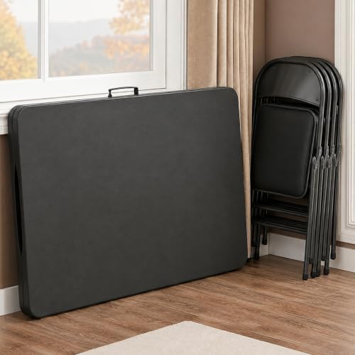 8FT Black Plastic Folding Table Set with 10 Black PU Padded Chairs