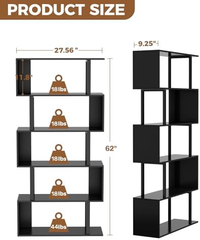 Gadroad 5-Tier Tall Bookshelf, S-Shaped Book Shelf Unit, Black