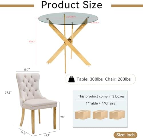 36" Modern Gold Glass Dining Room Table Set for 4, 5-Piece Round Kitchen...