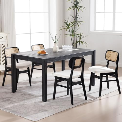 ROCITY Black Rattan Dining Chairs Set of 6 Sherpa Dining Room Chairs Natural ...