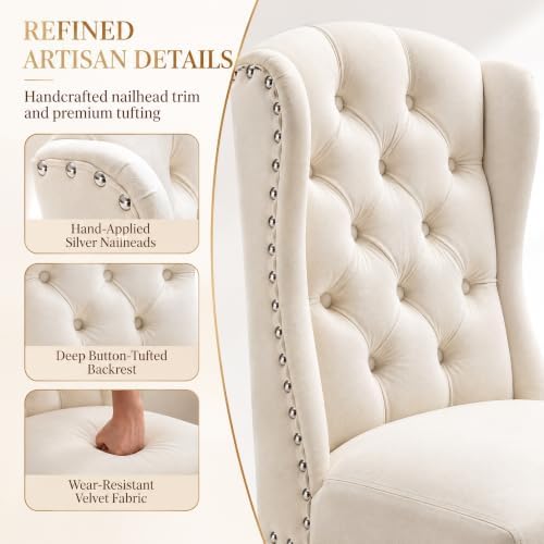 DUOMAY Modern Tufted Wingback Dining Chairs Set of 4, Velvet White
