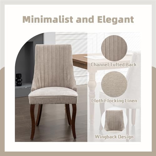 Beige Fabric Upholstered Dining Chairs Set of 6, Curved Solid Wood Legs