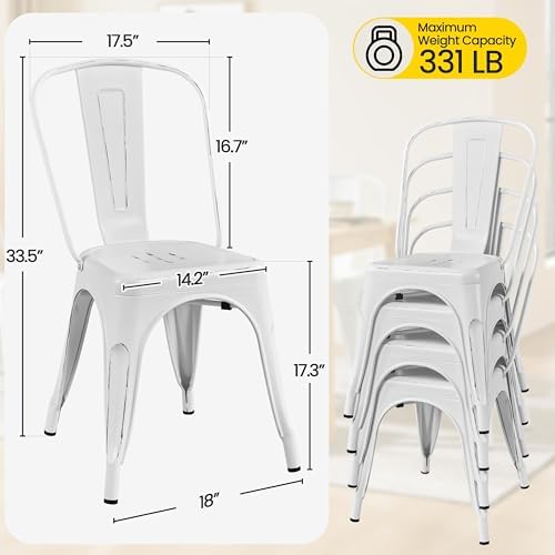 Yaheetech Metal Chairs Set of 4, Stackable Dining Chairs with Backs, White