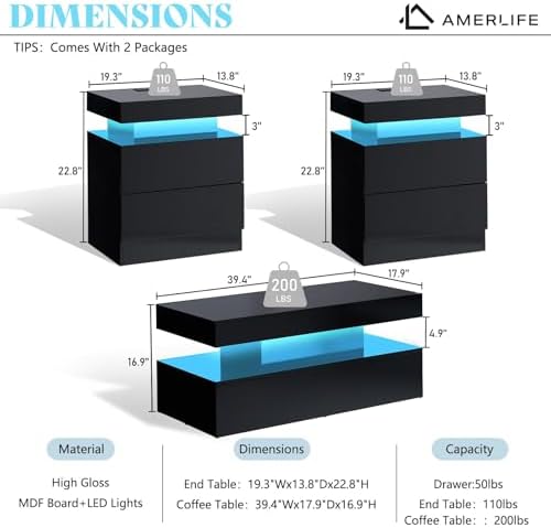 AMERLIFE 3-Piece High Gloss Coffee Table Set with LED Lights