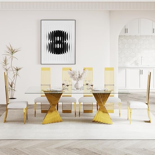 Dining Chairs Set of 6, Luxury Upholstered Boucle Chairs with Slatted Mirrore...