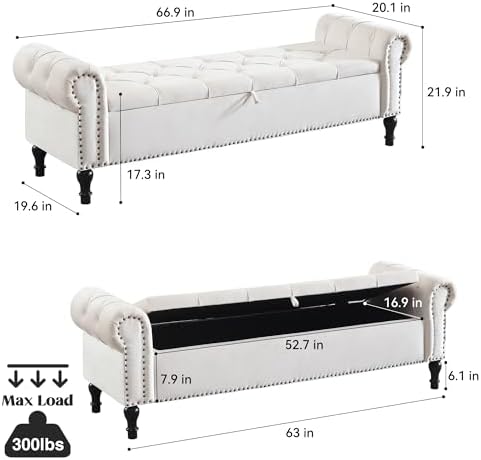 Velvet Storage Bench 67 Inch Upholstered Tufted Ottoman Bench with Arms Large...