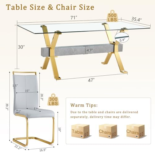 71" Glass Dining Table Set for 6|Modern Dining Table Set for 6 with Faux...