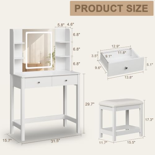 Vanity Desk with LED Mirror, 3 Lighting Modes and Chair | Small Makeup Vanity...