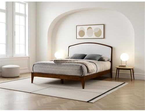 Pemberly Row Queen Platform Bed, Solid Wood Frame, Walnut Finish, Cream White...
