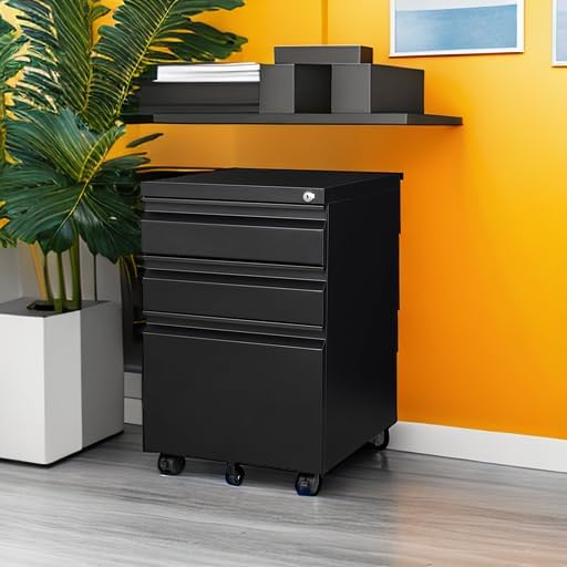 SISESOL 3 Drawer Mobile File Cabinet with Lock,Black Under Desk File Cabinets...