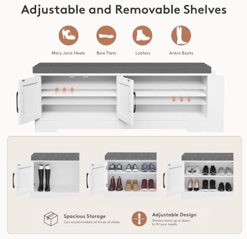 Farmhouse Shoe Storage Bench with 3-in-1 Entryway Storage & Padded Seat |...