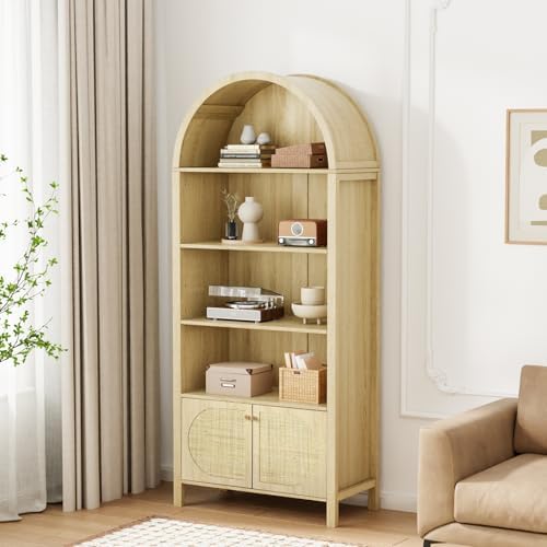 VINGLI 70" Arched Display Cabinet with 5 Shelves, Rattan Storage Cabinet...