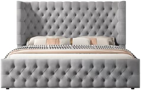 Jocisland King Bed Frame Upholstered Wingback Headboard & Footboard,Grey