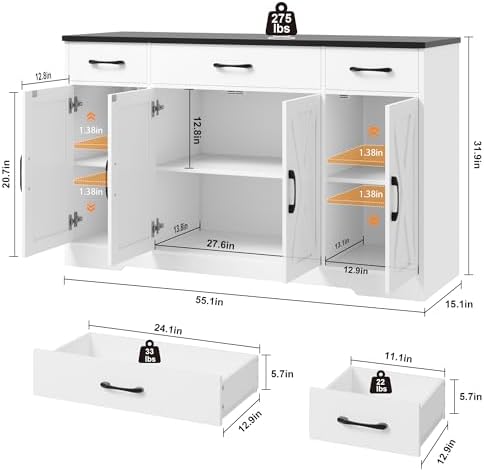 HOSTACK Kitchen Buffet Sideboard Storage Cabinet, Coffee Bar Cabinet, White