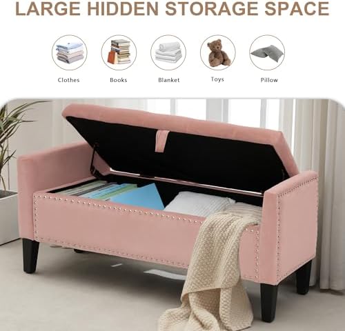 Velvet Ottoman with Storage, 46'' Upholstered Button Tufted End of Be...