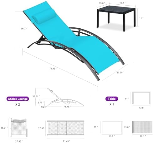 PURPLE LEAF Oversized Pool Chaise Lounge Set Outdoor Chair, Turquoise Blue | ...