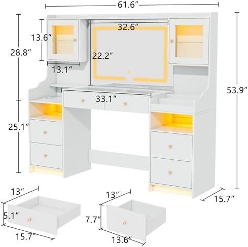 wanan 62" Large White Vanity Desk with Glass Top, Makeup Vanity with Mir...