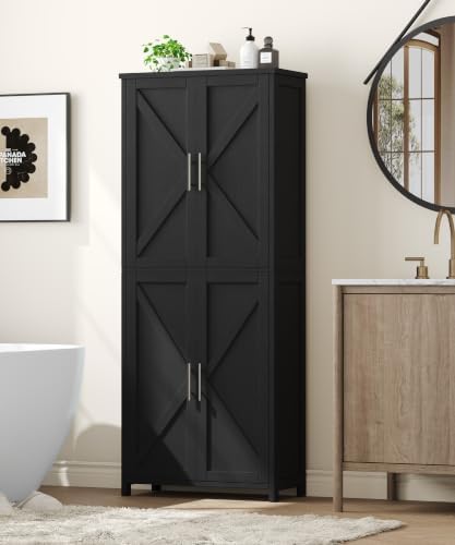 Akxomel 63''H Tall Farmhouse Bathroom Storage Cabinet with 4 Doors Bl...