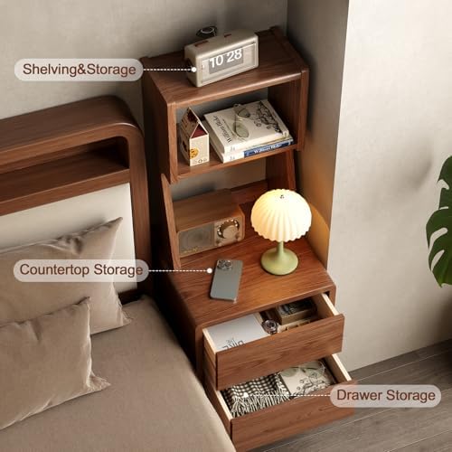Solid Wood Bookshelf Nightstand Combo, Tall Nightstand with Bookshelf