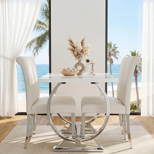 Asday 7 Piece Dining Table Set, Luxury White and Silver Dining Room Table Set...