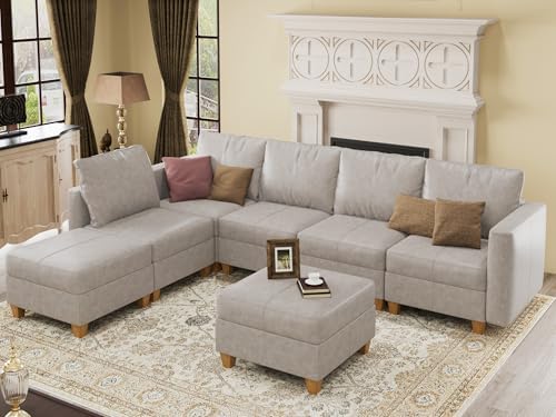 EASE MOOSE Leather Sectional L Shaped Sofa with Storage Ottomans, Whitesand |...