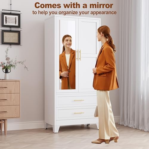 RIETERN Metal Armoire Wardrobe Closet, 71" Tall Bedroom Closet with Mirror